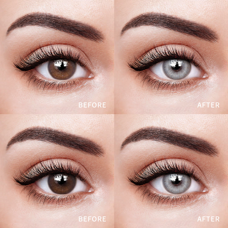 The before and after comparison of wearing Moonbeam Blue-Gy Contact Lenses.